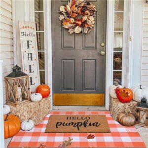 Fall Decor Doormat Combo Set, 100% Coco Coir 3' x 5' Orange and White Plaid Rug